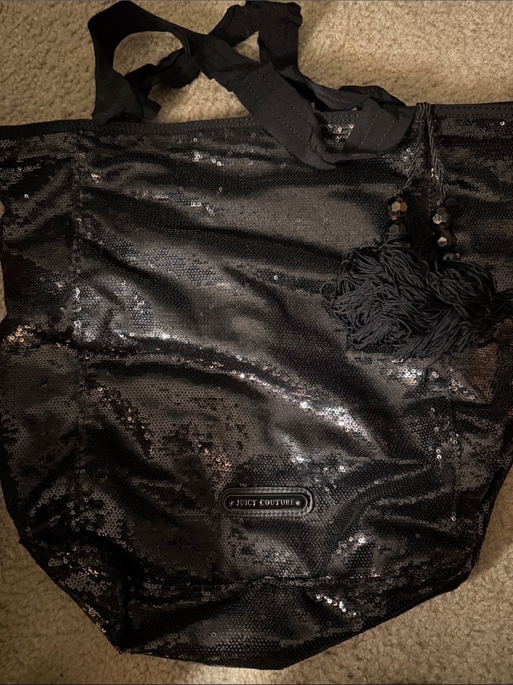 New Juicy Couture Black Sequin Tote with Tassel Charm.